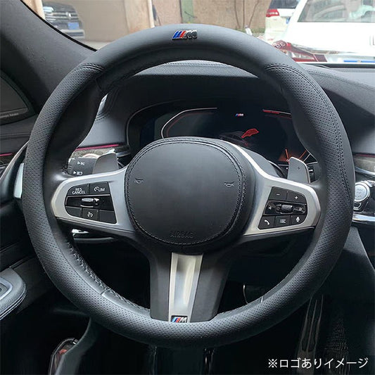 全車種 牛革 金属ロゴ フィット感抜群 ステアリングカバー ハンドルカ O型 本革 38CM 専用ハンドルカバー | iCarCompanion