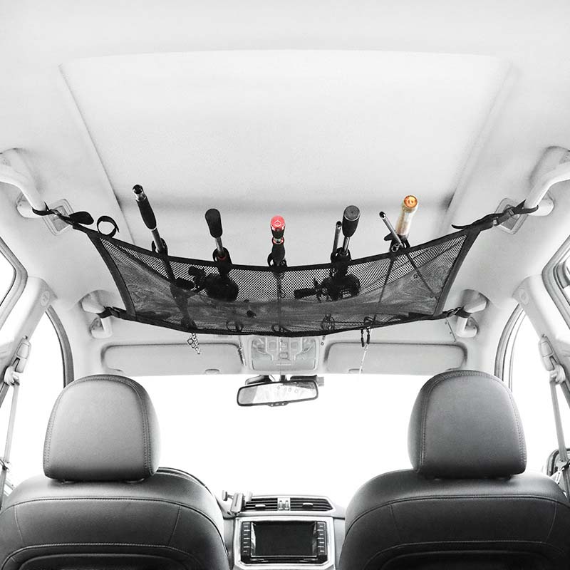 車用収納 釣り竿ラック 多機能 サンルーフ収納 しっかり 耐久 ネット・ポケット付き - iCarCompanion