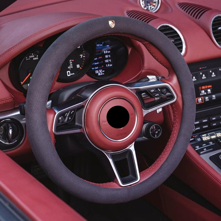 PORSCHE ポルシェ 高級品 ハンドルカバー スエード製 金属ロゴ Cayenne /Macan /Panamera 37~38CM 専用ハンドルカバー | iCarCompanion