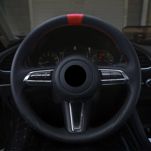 MAZDAマツダ 本革 ハンドルカバー 編み込み式 カーボン調 グリップ感抜群 かっこいい 専用ハンドルカバー | iCarCompanion