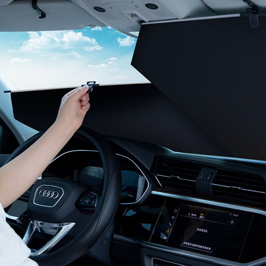 車用サンシェード フロントガラス 自動巻き取り  断熱 紫外線 UVカット 取付収納便利 専用サンシェード | iCarCompanion