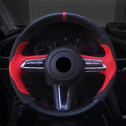 MAZDAマツダ 本革 ハンドルカバー 編み込み式 カーボン調 グリップ感抜群 かっこいい 専用ハンドルカバー | iCarCompanion