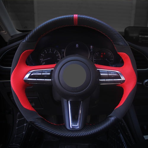 MAZDAマツダ 本革 ハンドルカバー 編み込み式 カーボン調 グリップ感抜群 かっこいい 専用ハンドルカバー | iCarCompanion