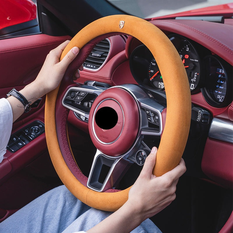PORSCHE ポルシェ 高級品 ハンドルカバー スエード製 金属ロゴ Cayenne /Macan /Panamera 37~38CM 専用ハンドルカバー | iCarCompanion