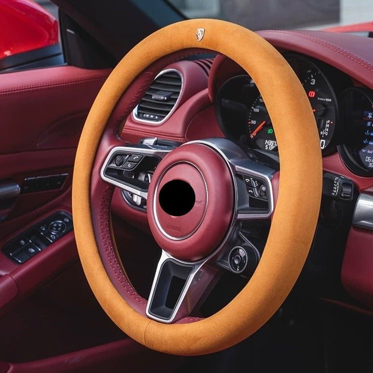 PORSCHE ポルシェ 高級品 ハンドルカバー スエード製 金属ロゴ Cayenne /Macan /Panamera 37~38CM 専用ハンドルカバー | iCarCompanion