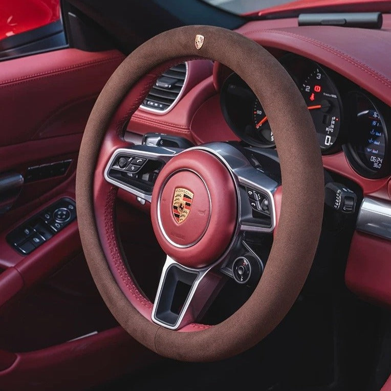 PORSCHE ポルシェ 高級品 ハンドルカバー スエード製 金属ロゴ Cayenne /Macan /Panamera 37~38CM 専用ハンドルカバー | iCarCompanion