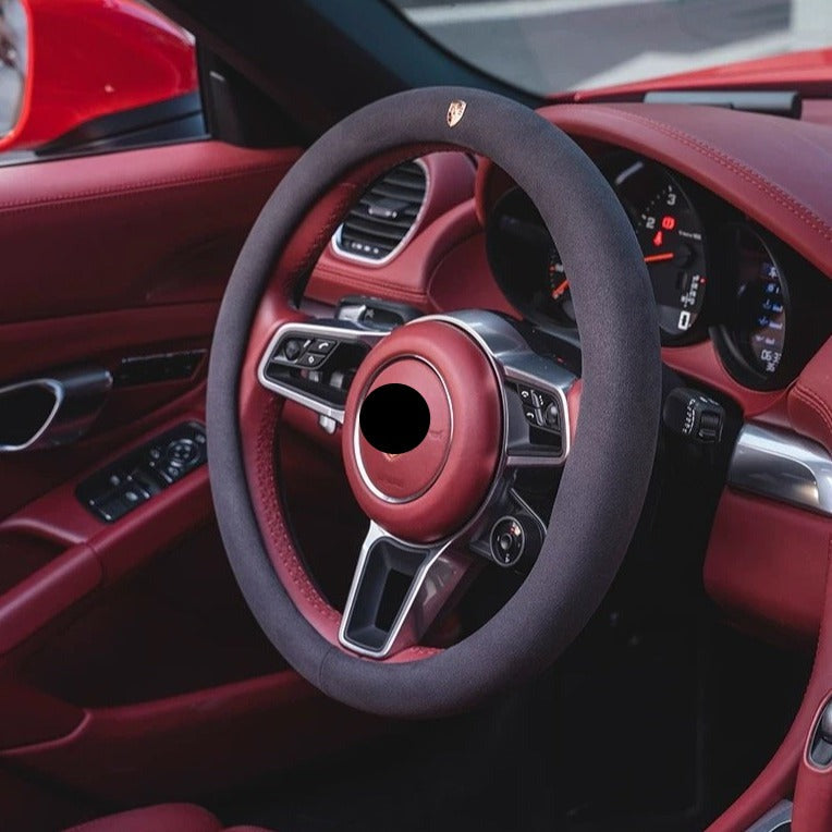PORSCHE ポルシェ 高級品 ハンドルカバー スエード製 金属ロゴ Cayenne /Macan /Panamera 37~38CM 専用ハンドルカバー | iCarCompanion