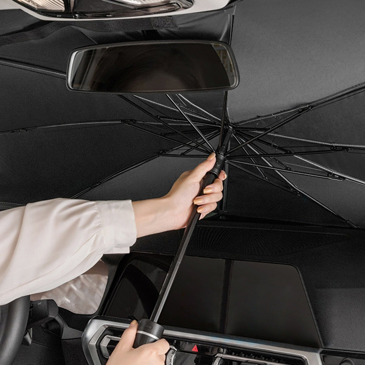 車用サンシェード 傘式 遮光 日焼け対策 日差しカット 断熱 遮光 窓ガラスブレーカー付き 汎用 簡単取り付け 収納バッグ付き 便利グッズ 環境にやさしい 専用サンシェード | iCarCompanion