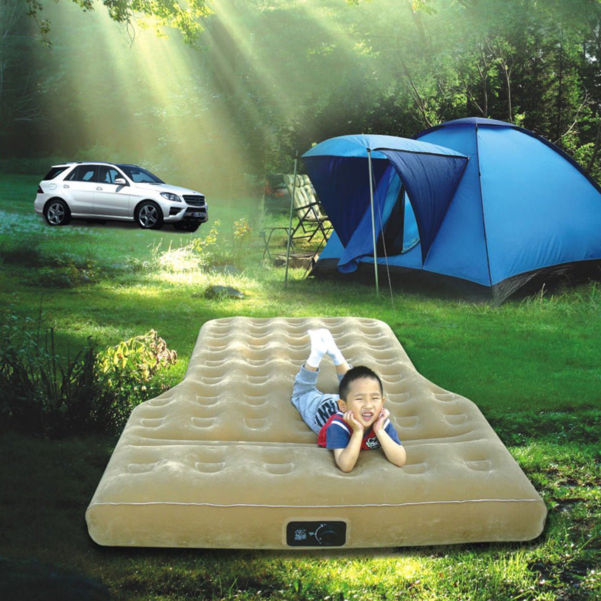 車中泊ベッド 厚手 シガーソケット式 キャンプ用品 エアーベッド 収納袋付き 普通車 SUV適用 - iCarCompanion