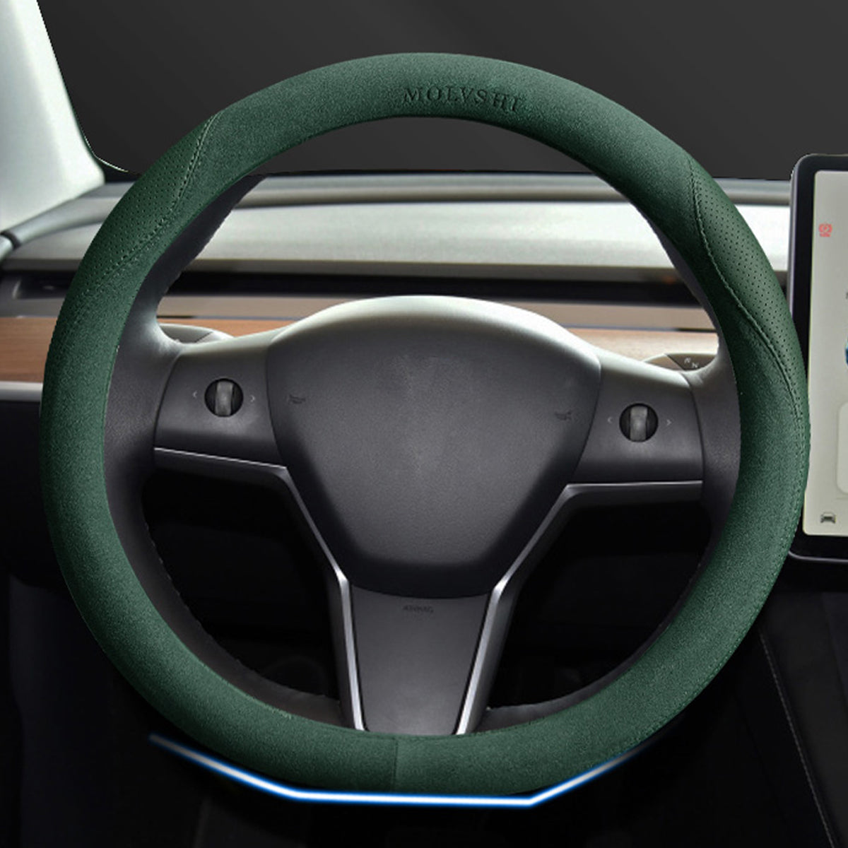 TESLAテスラ model3/Y スエード製 ハンドルカバー スポーツ感 クリスマスグリーン 38CM 専用ハンドルカバー | iCarCompanion