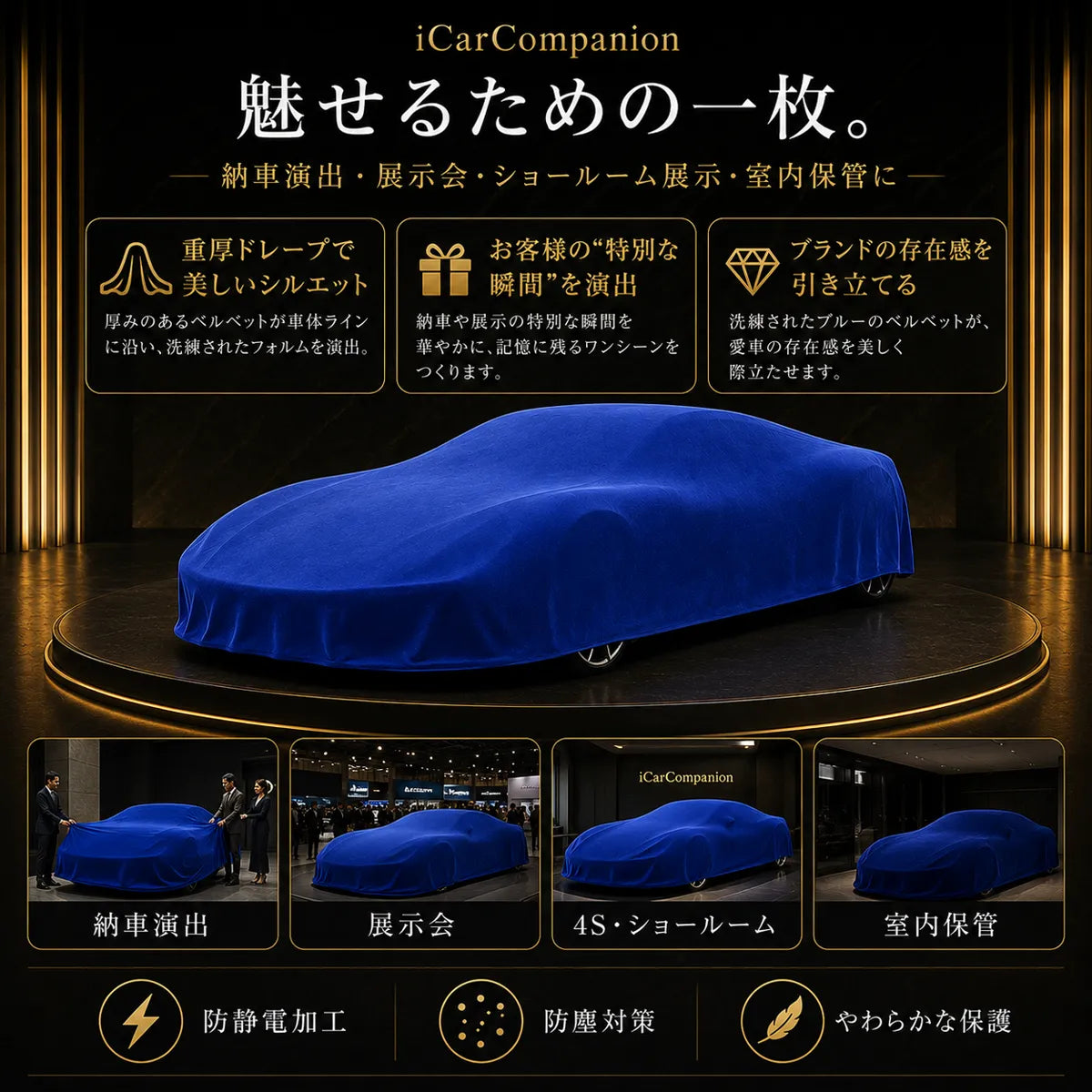 【ラグジュアリーフィット】屋内専用プレミアム車両ボディカバー ブルー｜オーダーメイド 最高級ベルベット生地 やわらかい裏起毛 車カバー
