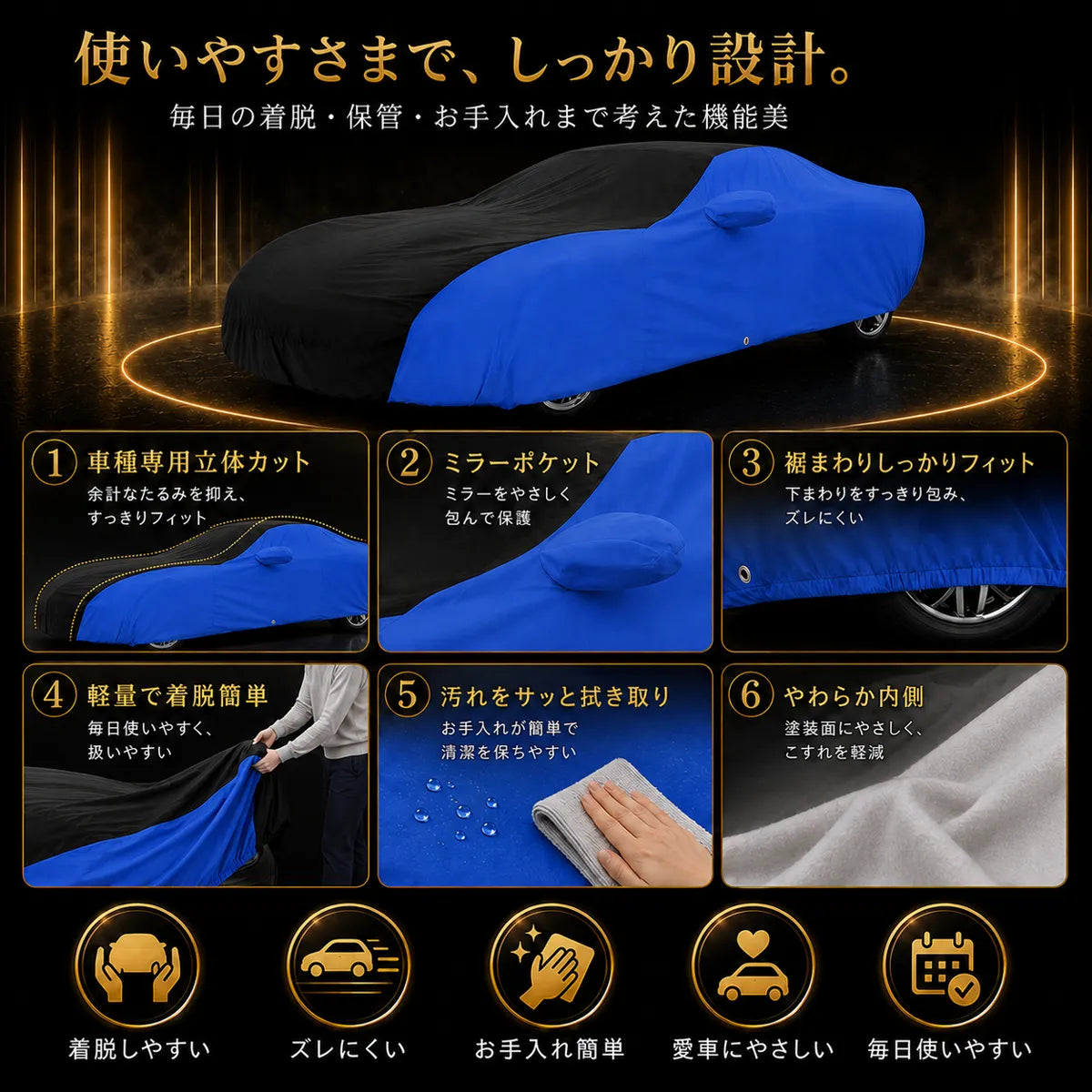 高級5層構造 車種専用オーダーメイド車カバー ブルー×ブラック｜ツートンカラー 防水・耐久 1年間保証