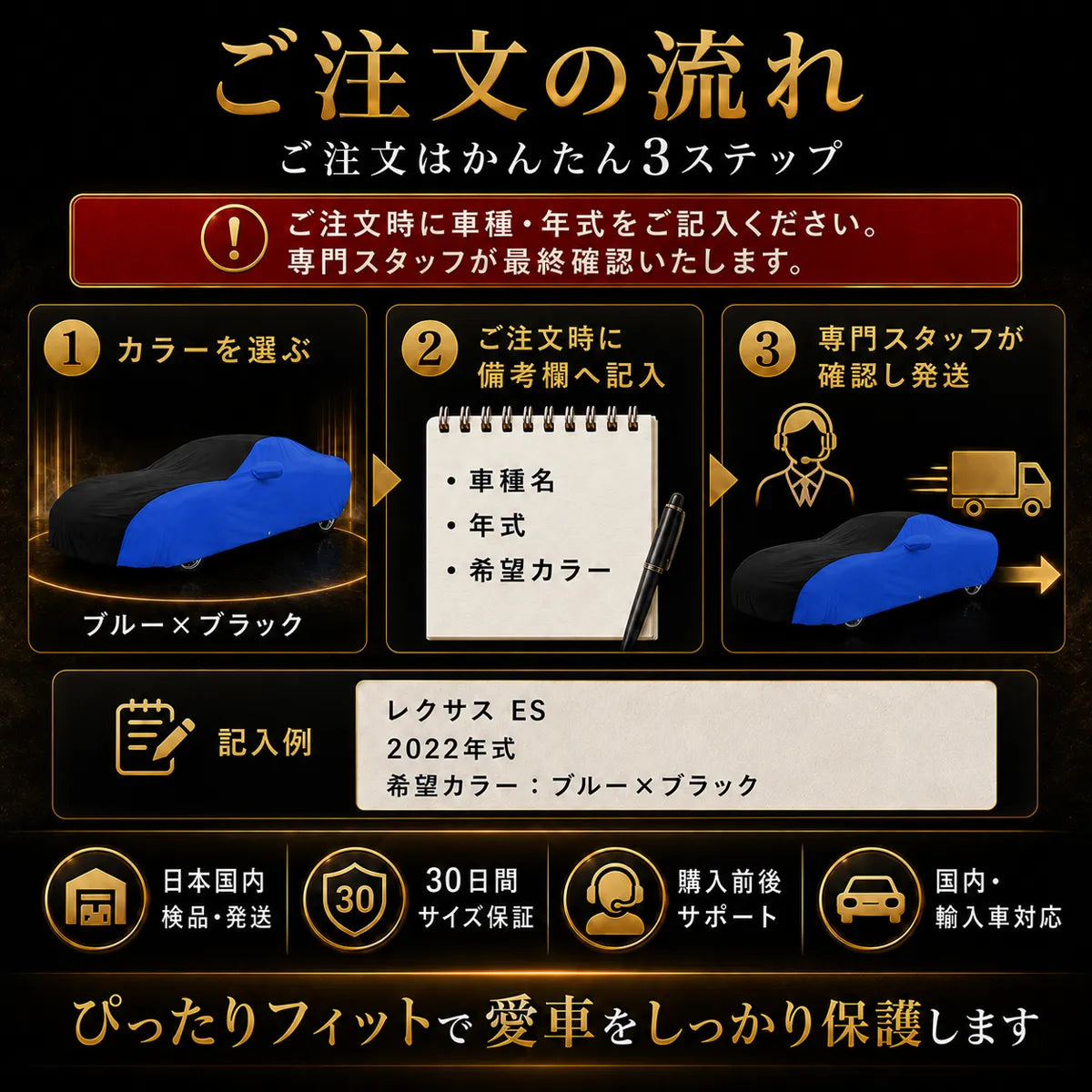 高級5層構造 車種専用オーダーメイド車カバー ブルー×ブラック｜ツートンカラー 防水・耐久 1年間保証