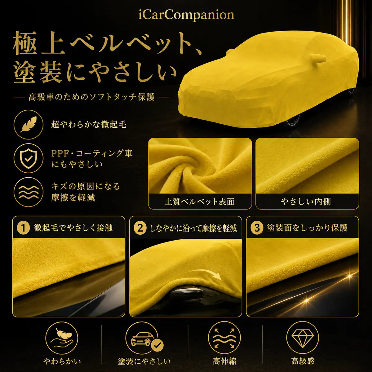 【ラグジュアリーフィット】屋内専用プレミアム車両ボディカバー イエロー｜オーダーメイド 最高級ベルベット生地 やわらかい裏起毛 車カバー