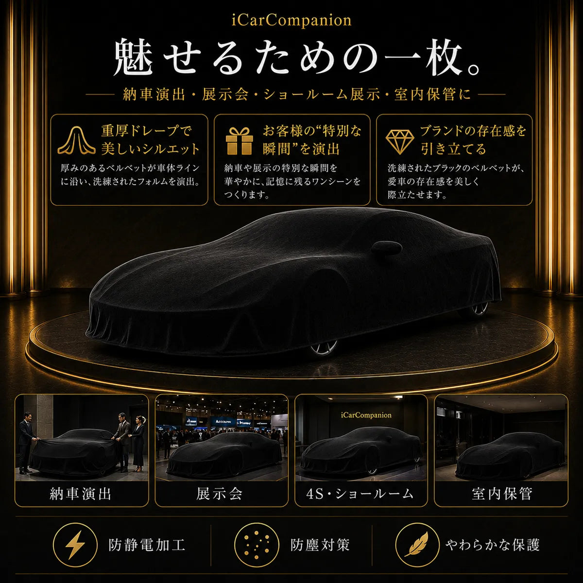 【ラグジュアリーフィット】屋内専用プレミアム車両ボディカバー ブラック｜オーダーメイド 最高級ベルベット生地 やわらかい裏起毛 車カバー