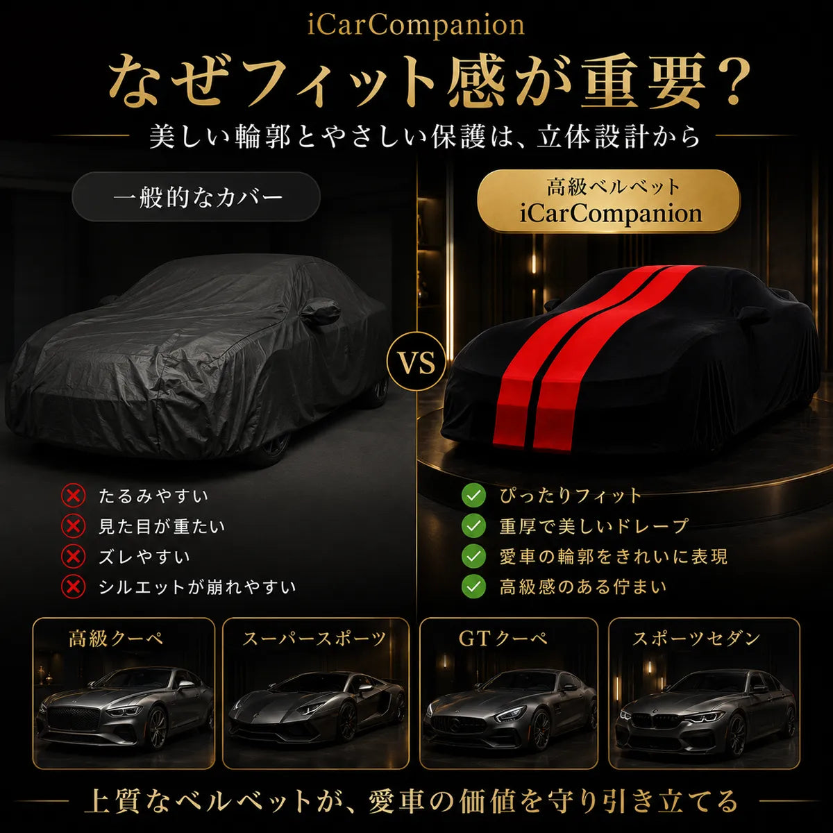 高級ベルベット製 オーダーメイド車体カバー ブラック×レッドダブルライン｜室内・ショールーム・納車演出用