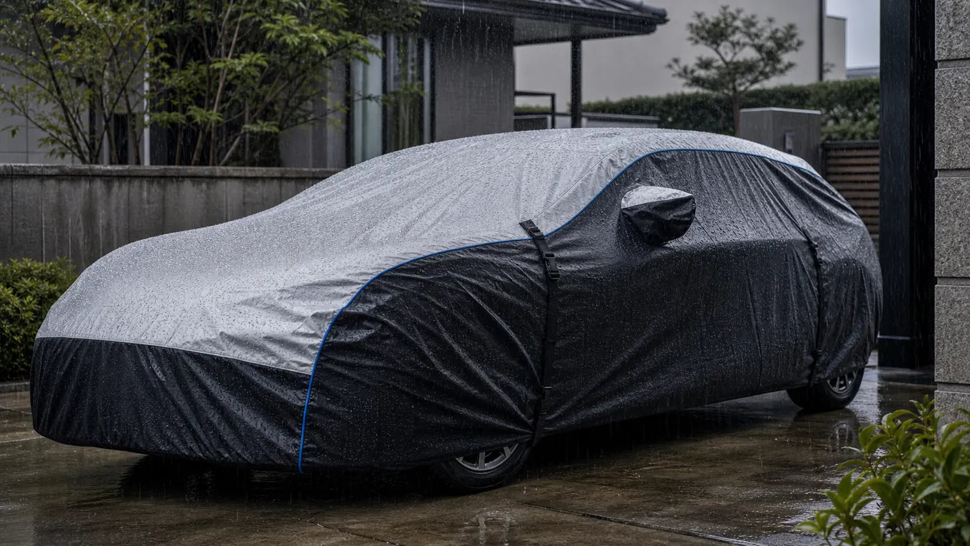 台風前の雨風に備えて固定された車カバー